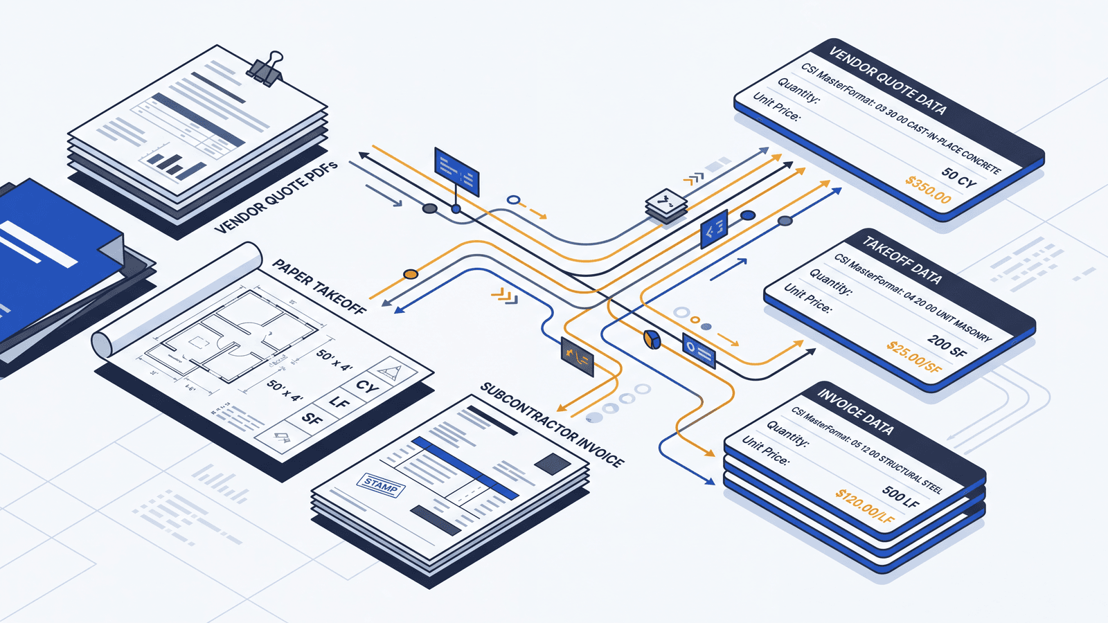 Scoprix Quote Hub dashboard showing CSI-coded line items and vendor bid comparison.