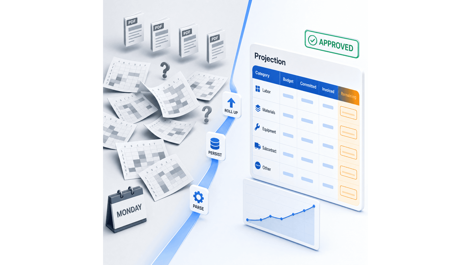 Before-and-after: scattered Excel printouts on the left, a unified Scoprix Projection workspace with peach-shaded editable cells on the right, connected by a parse-persist-rollup ribbon.